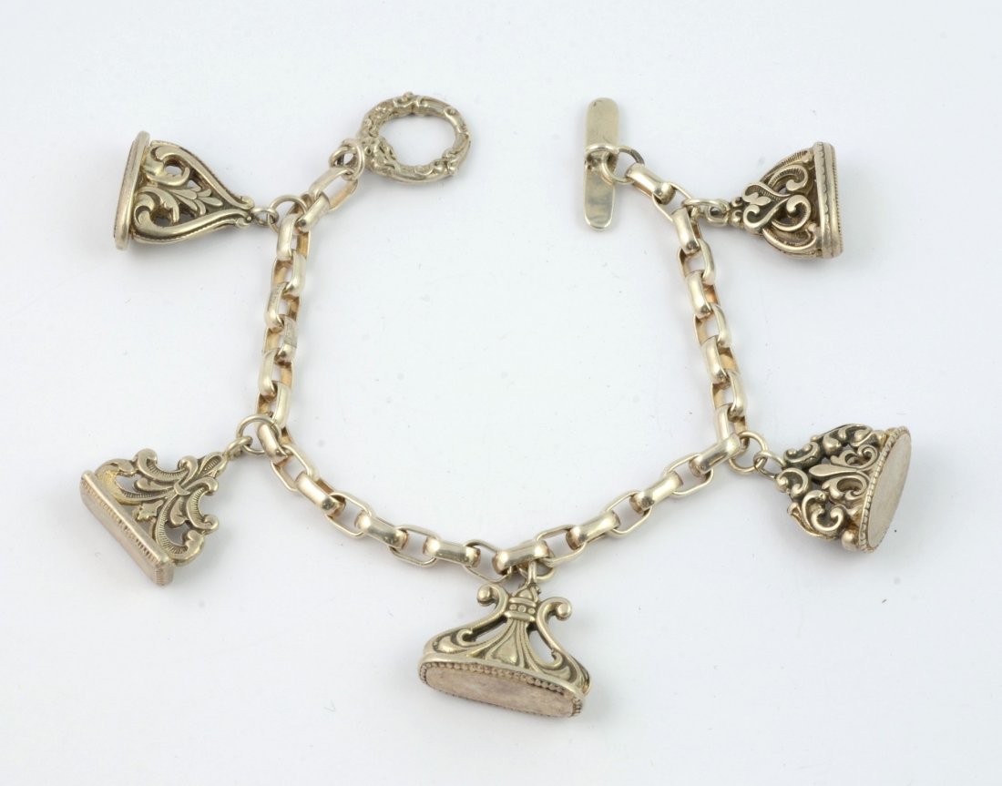Sterling silver charm bracelet, 5 charms, 7-1/2" long, (1 of 2)