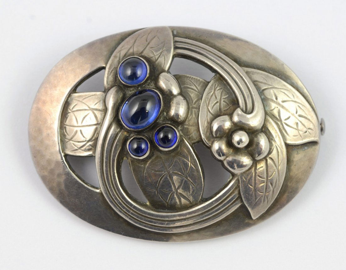 Georg Jensen Denmark sterling & labradorite brooch,: Georg Jensen Denmark sterling & labradorite brooch, mark for 1933-1944, 2" x 1-1/2", .625 TO