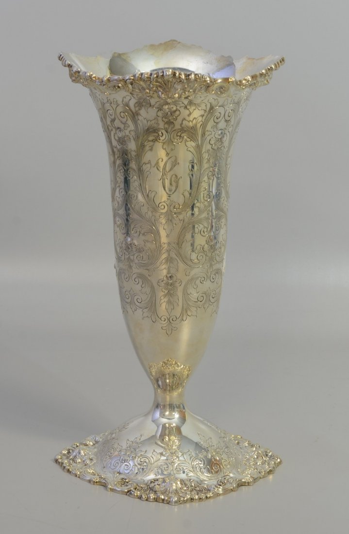 Black, Starr & Frost Sterling Repousse and Engraved: Black, Starr & Frost Sterling Repousse and Engraved Trumpet Vase, 13-3/4” h, approx. 6-1/2” wide at base, 36.01 troy oz, Sold as Lot 337 at Christie's New York, Estate of Van Cliburn Sale, March 4