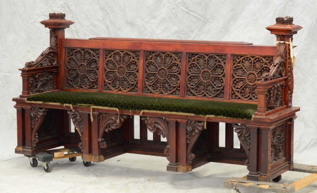 Carved oak Gothic style bench, 5 panel back with 8 (1 of 7)