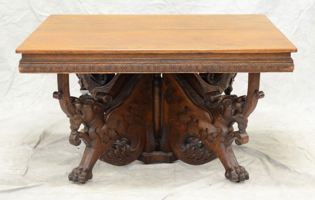 Split pedestal square oak DR table with winged seated (1 of 5)