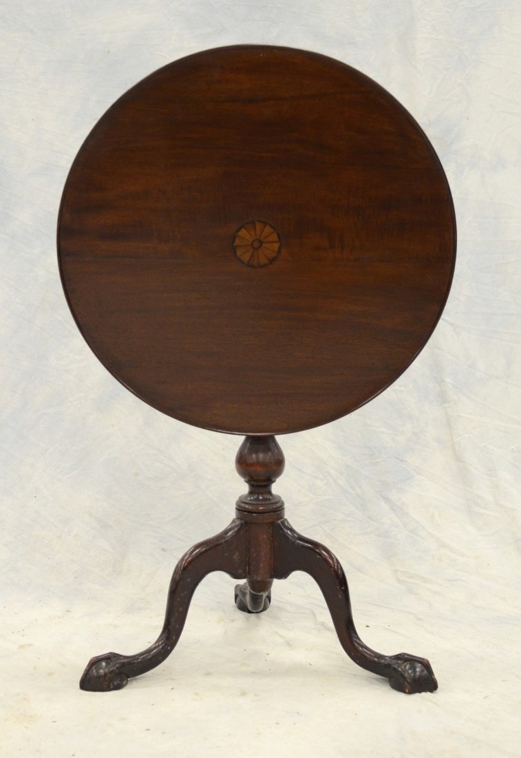 Inlaid mahogany round tilt top table, dish top, (1 of 4)