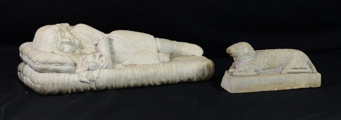 Carved marble grave marker of a child sleeping, 18" l, (1 of 2)