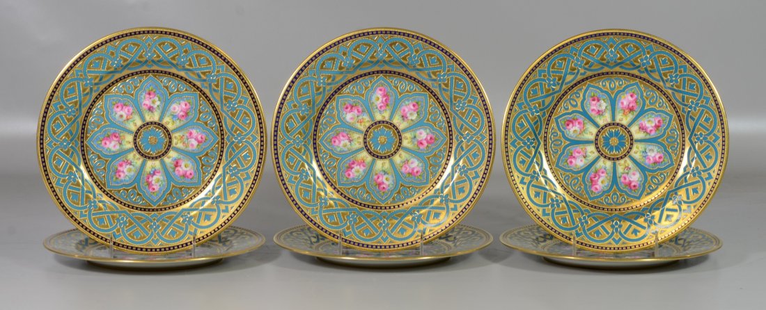 6 Cauldon Cathedral English Bone Porcelain Service: 6 Brown-Westhead, Moore & Co, Cauldon Ltd "Cathedral" English Bone Porcelain Service Plates, turquoise ground with gilt encrusted Gothic designs, red & white hand painted roses around center, overall 