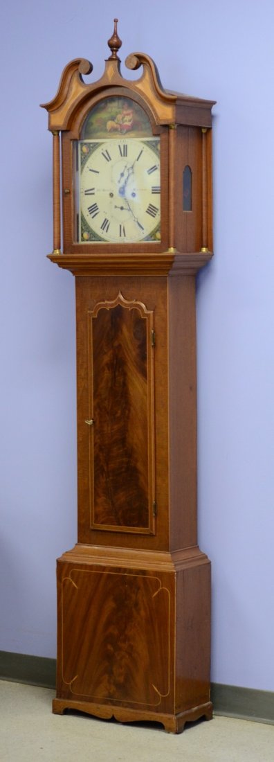 Inlaid mahogany 8 day tall case clock, dial signed (1 of 6)