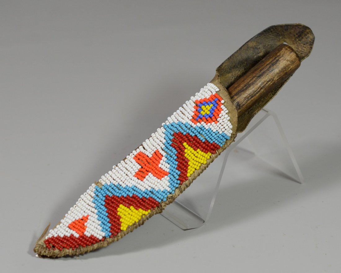 Native American handmade knife and beaded hide sheath, (1 of 3)