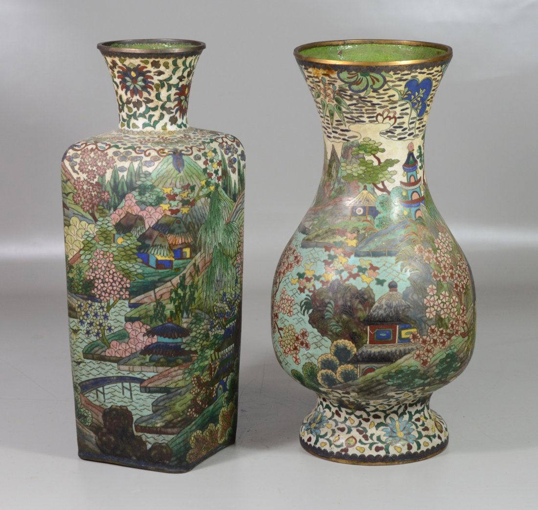 (2) Chinese cloisonné vases with landscape decoration, (1 of 3)