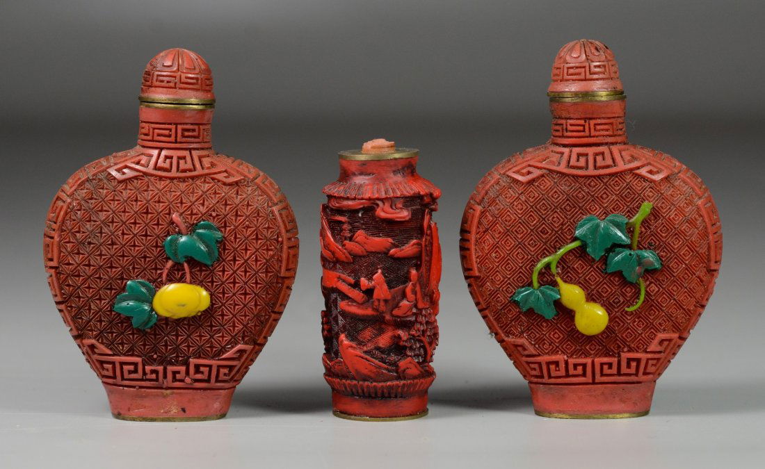 (3) Chinese cinnabar snuff bottles, two with fruit (1 of 3)