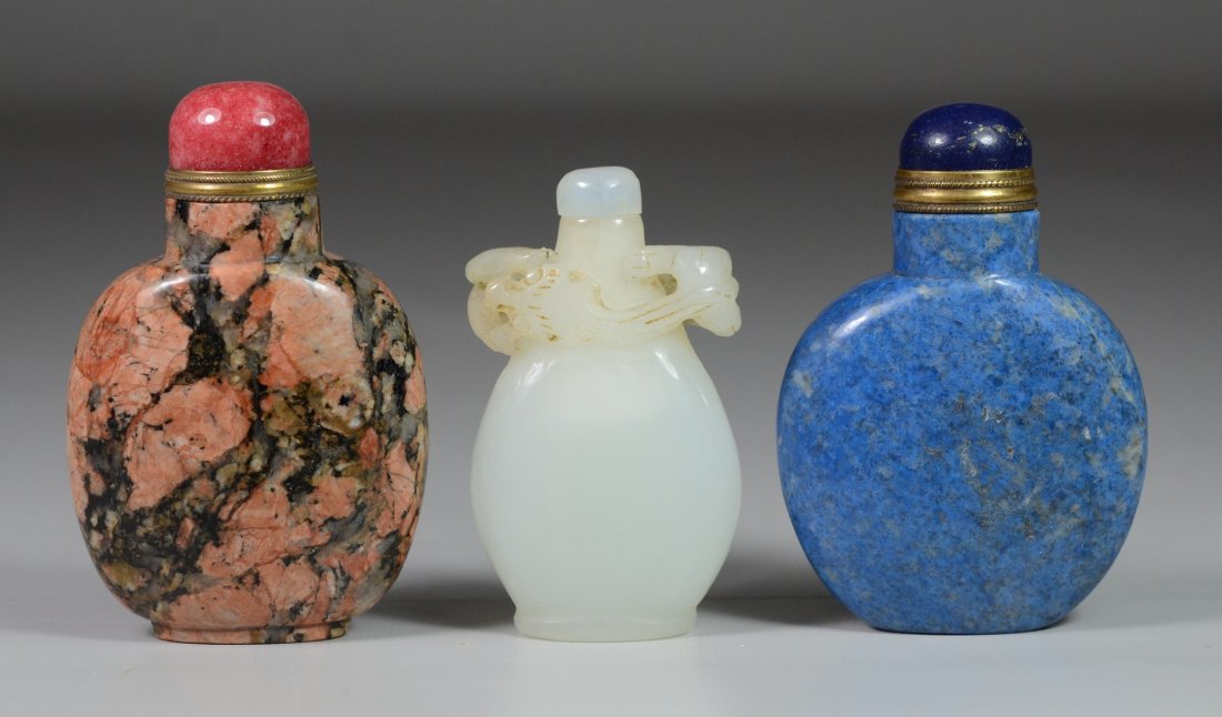 (3) Chinese snuff bottles, white jade, green, rose (1 of 2)
