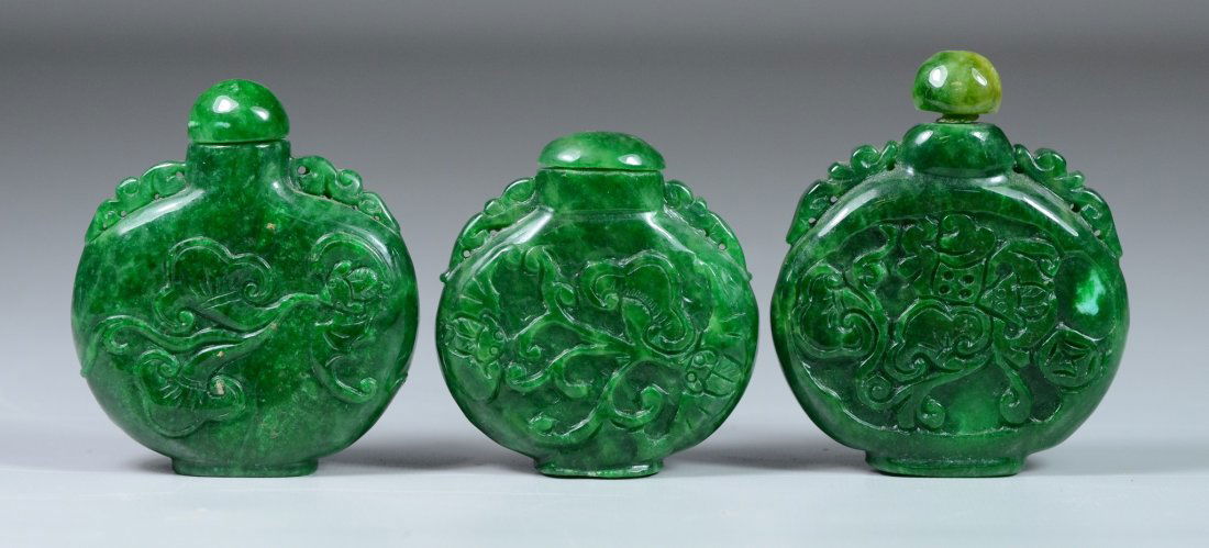 (3)  Carved malachite Chinese snuff bottles, round flat (1 of 2)