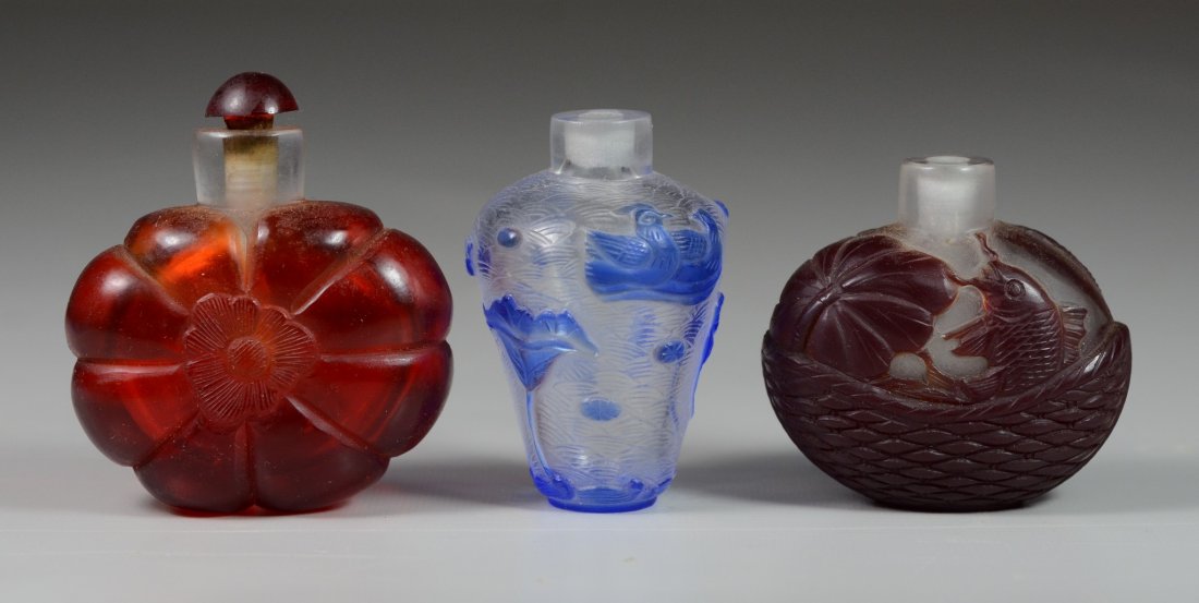 (3) Carved Peking glass Chinese snuff bottles, 2 color (1 of 2)