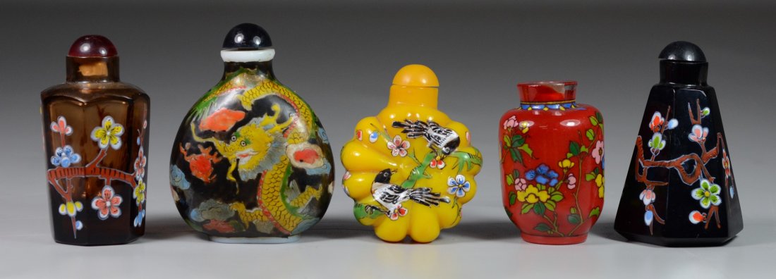(5) enameled glass Chinese snuff bottles, gold with (1 of 3)
