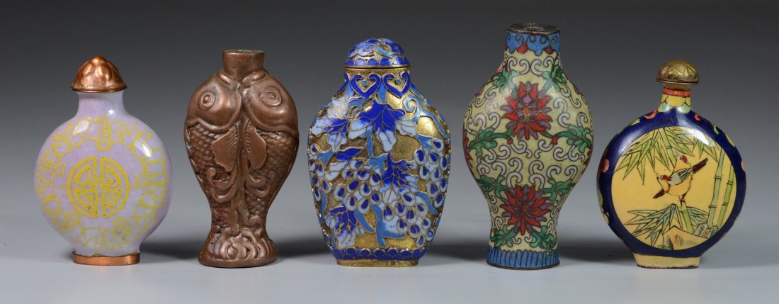 (5) Chinese snuff bottles, 3 cloisonné, 1 enameled, 1 (1 of 2)