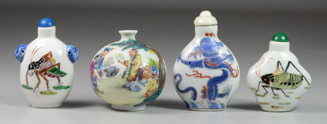 (4) Porcelain Chinese snuff bottles, 2 grasshoppers, (1 of 3)