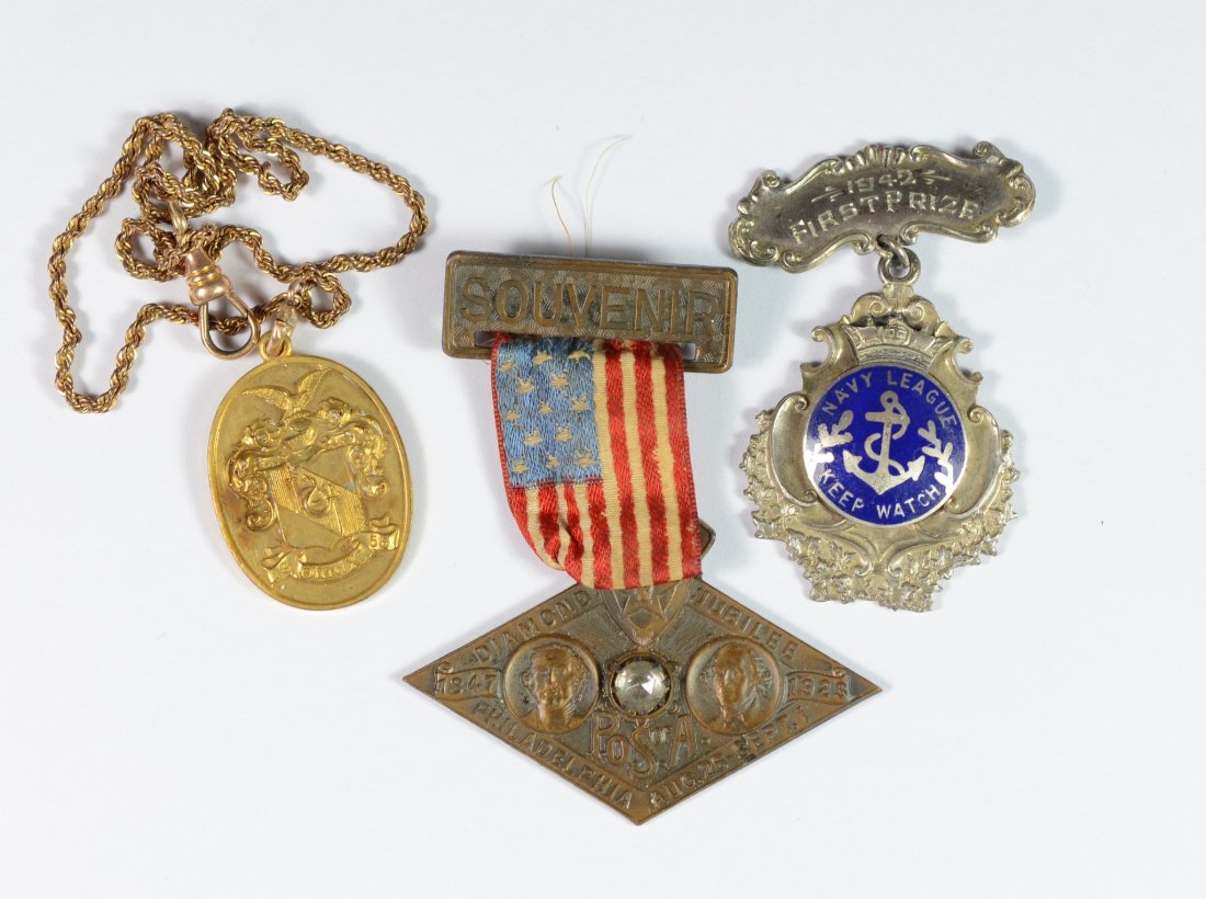 Ephemera, Navy league pin, first prize 1942 enamel with: Ephemera, Navy league pin, first prize 1942 enamel with sterling silver and a souvenir for the Patriotic Order Sons-America souvenir pin from the Diamond Jubilee from 1928, Philadelphia, and a watch f
