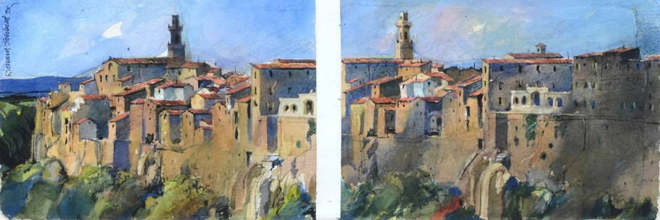 Richard Schlecht (American, b 1936), watercolor, "Two: Richard Schlecht (American, b 1936), watercolor, "Two Views of Pitigliano", signed and dated '95 upper left, 5" x 14-1/2" sheet, 13-1/4" x 20-3/4" overall