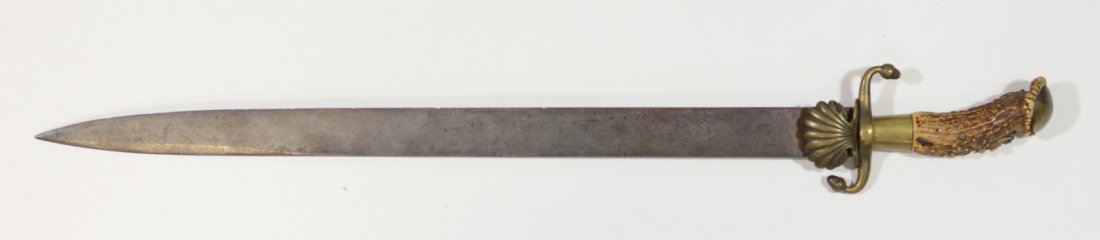 European Polish antique hunting dagger, short sword,: European Polish antique hunting dagger, short sword, brass fittings, steel blade, horn handle, mid-1800s