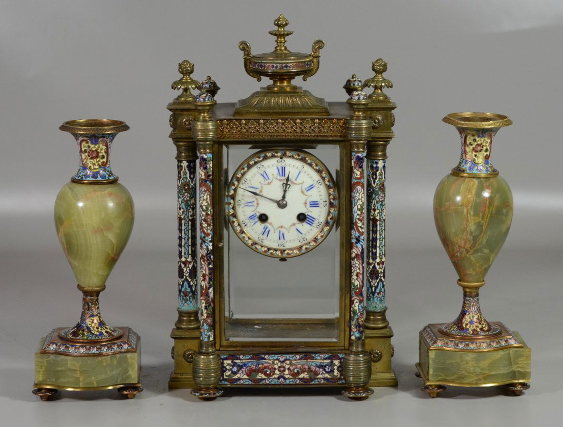 3 pc French champleve and alabaster crystal regulator (1 of 10)