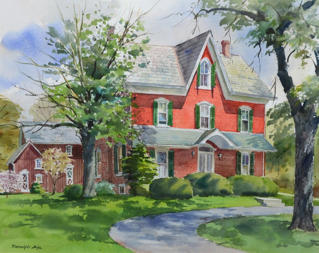 Ranulph Bye (American, PA, 1916-2003), watercolor, Red: Ranulph Bye (American, PA, 1916-2003), watercolor, Red House and Barn, signed lower left, 20" x 25-1/2" sight, 33-3/4" 39-1/4" overall