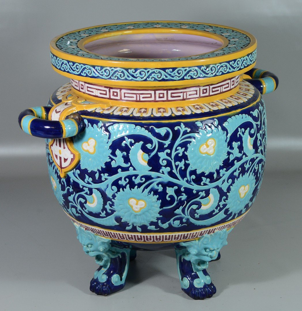 Minton's Chinese style majolica jardiniere: Minton's cobalt & robins' egg blue Chinese style majolica jardiniere with double open handles, pale lavender interior, c 1875, similar examples shown at the Philadelphia Centennial Exhibition by Danie