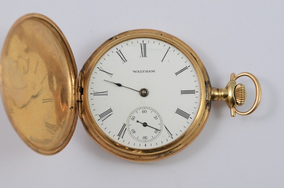 14K YG Hunt Case Waltham Pocket Watch, 12 size (1 of 4)