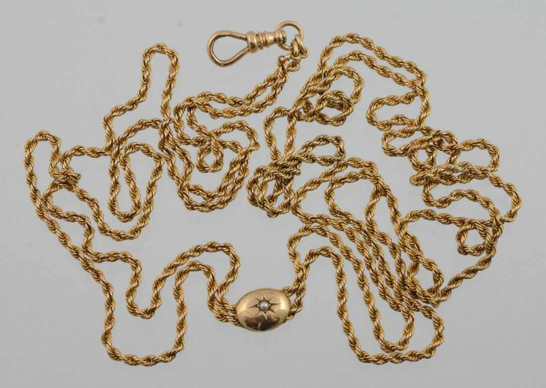 Antique 10K 19th C Long Chain with Pearl (1 of 2)