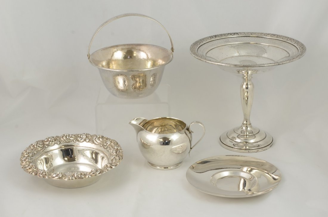 Group of 5 Pieces of Sterling Silver Articles,: Group of 5 Pieces of Sterling Silver Articles, Gorham Creamer, Wine Coaster, Georg Jensen Coaster, Hand Wrought Articulated Handle Candy Dish, Weighted Tazza (with dents), tallest 6-1/16" high, total