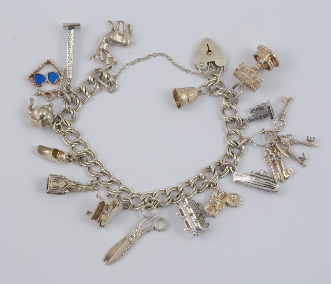 Sterling silver charm bracelet, 15 charms, some (1 of 1)