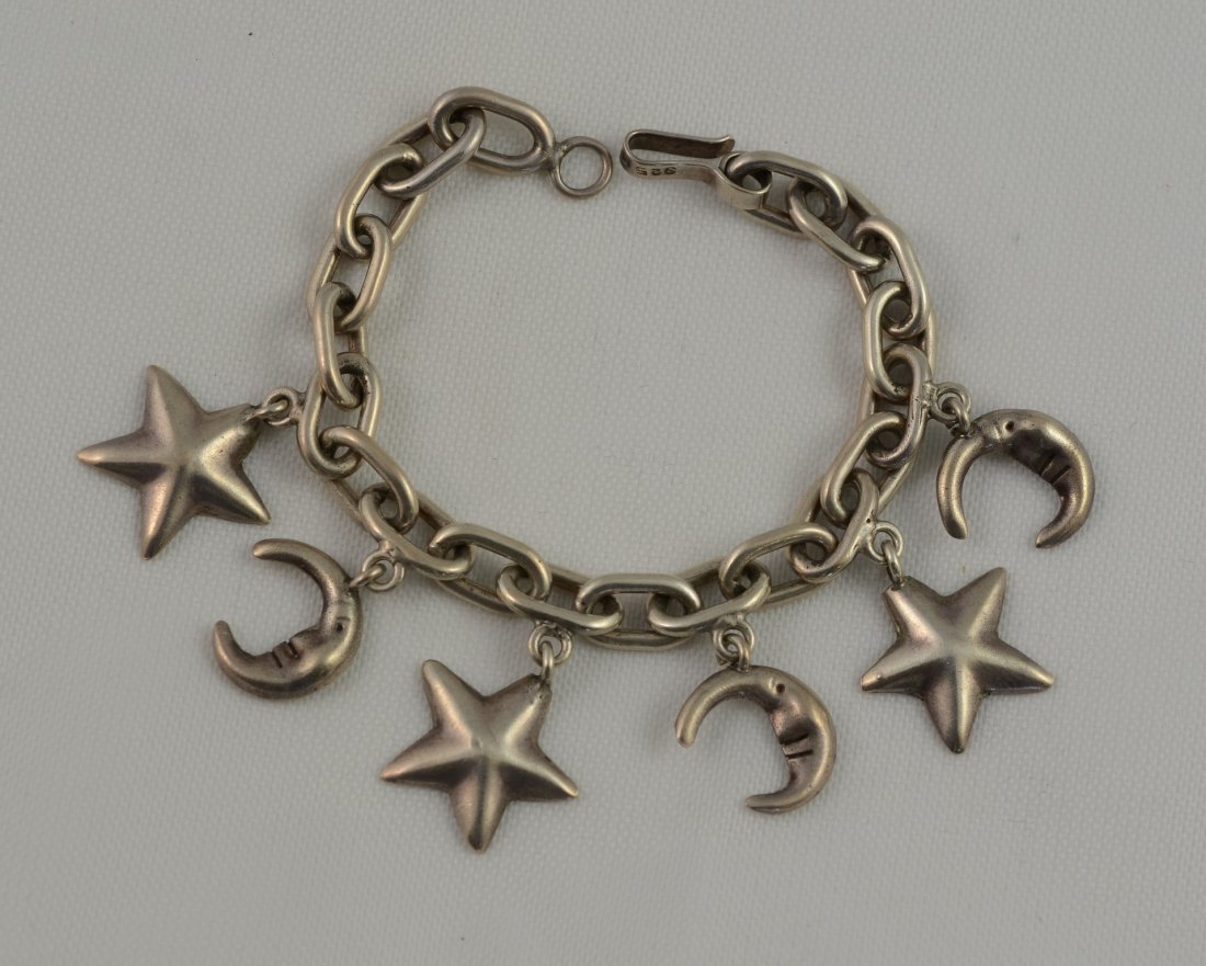 Sterling silver charm bracelet, 6 star & moon charms, (1 of 1)