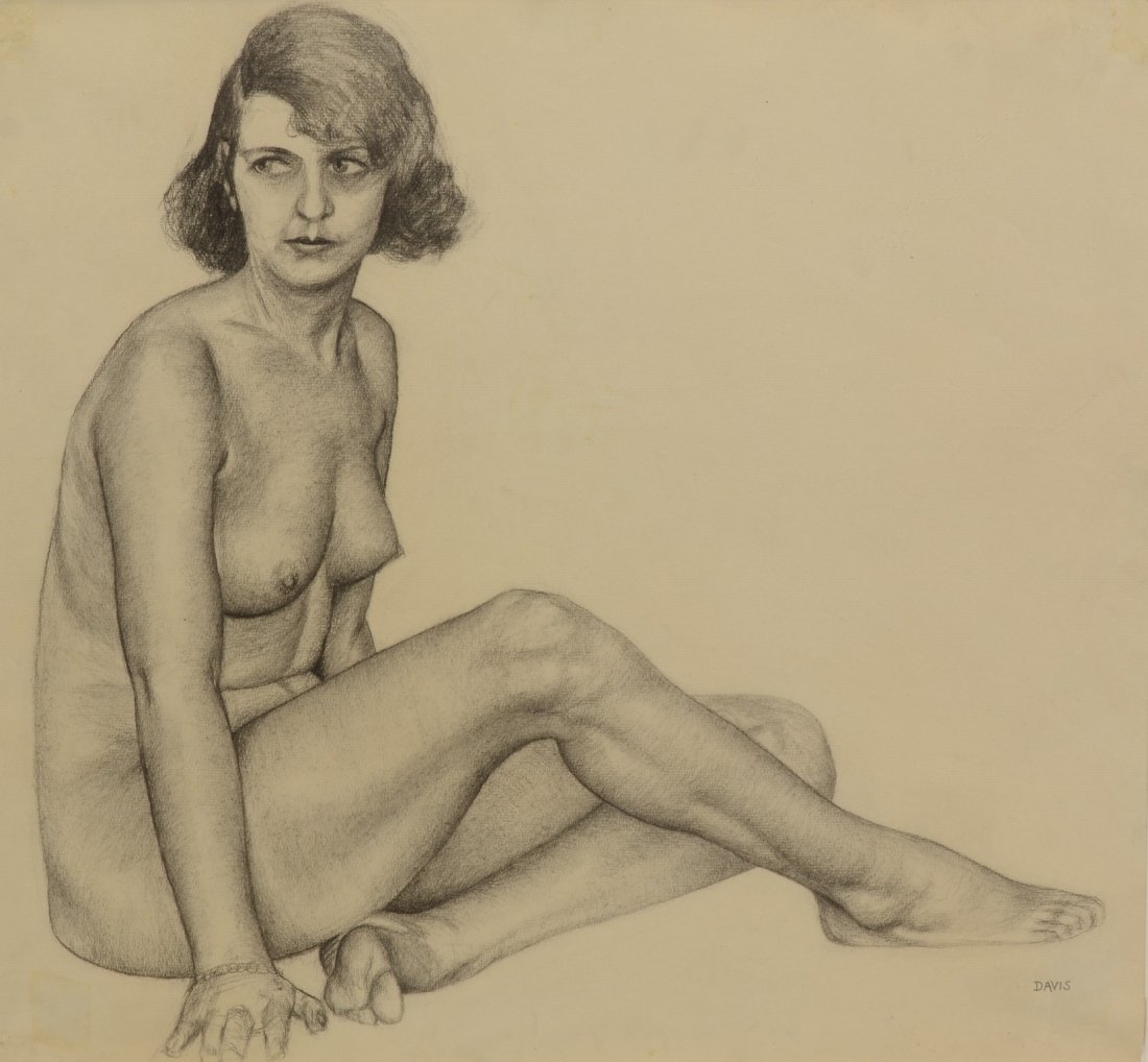 Harry A Davis, Charcoal, "Female Model with Bracelet": Harry A Davis (American, 1914-2006), charcoal, "Female Model with Bracelet", 1938, signed lower right, 19-1/4" x 20-3/4", 30-1/2" x 31-1/2" overall, archival framed and matted, Davis won The Prix de R