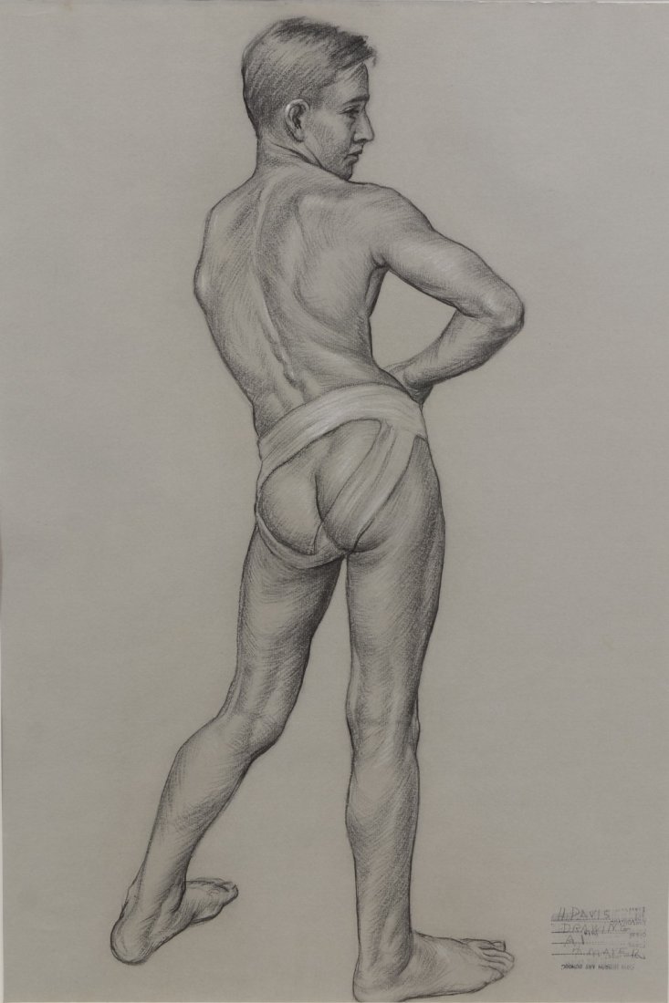 Harry A Davis, Charcoal, Figure Study of Nude Male: Harry A Davis (American, 1914-2006), charcoal, Figure Study of Nude Male, signed lower right, 24" x 16" sight, 35-1/4" x 27" overall, Davis won The Prix de Rome in 1938