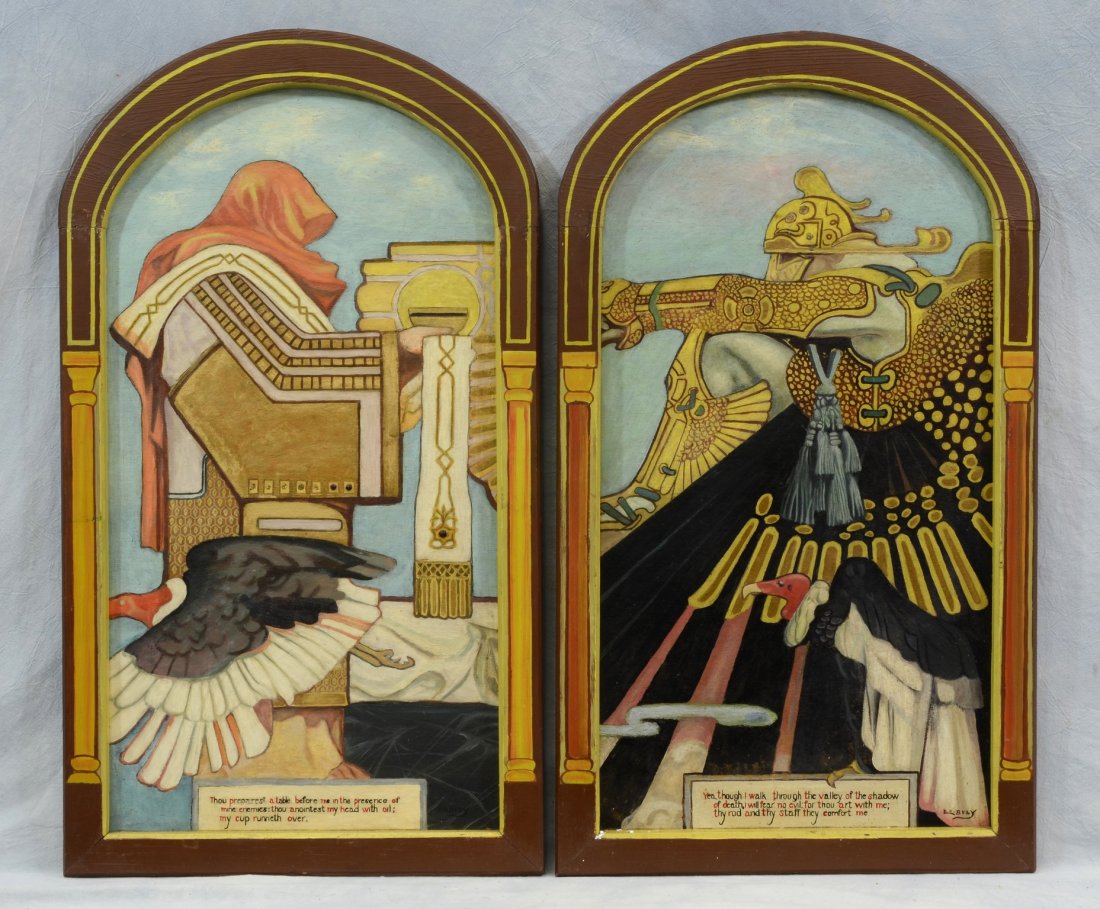 (2) Everett Clark Bray (American, 20th Century), oil on: (2) Everett Clark Bray (American, 20th Century), oil on panel, 23rd Psalm, each approx 33" x 18-1/2" overall, surface abrasions