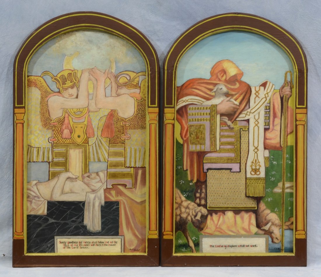(2) Everett Clark Bray (American, 20th Century), oil on: (2) Everett Clark Bray (American, 20th Century), oil on panel, 23rd Psalm, each approx 33" x 18-1/2" overall, surface abrasions
