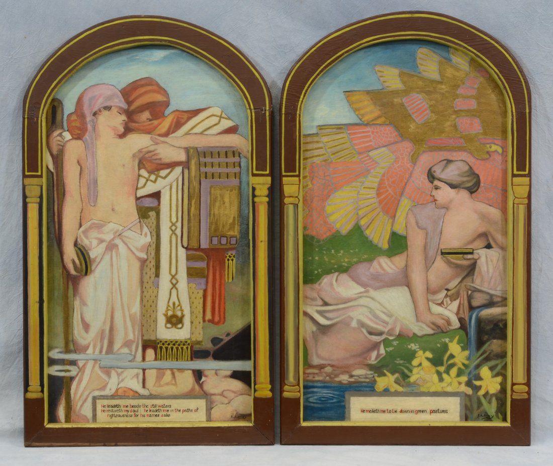 (2) Everett Clark Bray (American, 20th Century), oil on: (2) Everett Clark Bray (American, 20th Century), oil on panel, 23rd Psalm, each approx 33" x 18-1/2" overall, surface abrasions