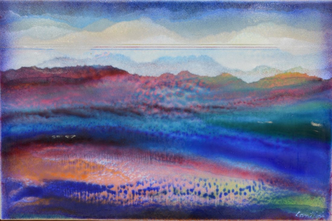 Virgil Cantini (Italian/American, 1919-2009), enamel on: Virgil Cantini (Italian/American, 1919-2009), enamel on metal, Landscape, signed and dated 1984 lower right, 12" x 18" plaque, 13-3/4" x 19-1/2" overall,no issues to plaque; frame scratched and corner
