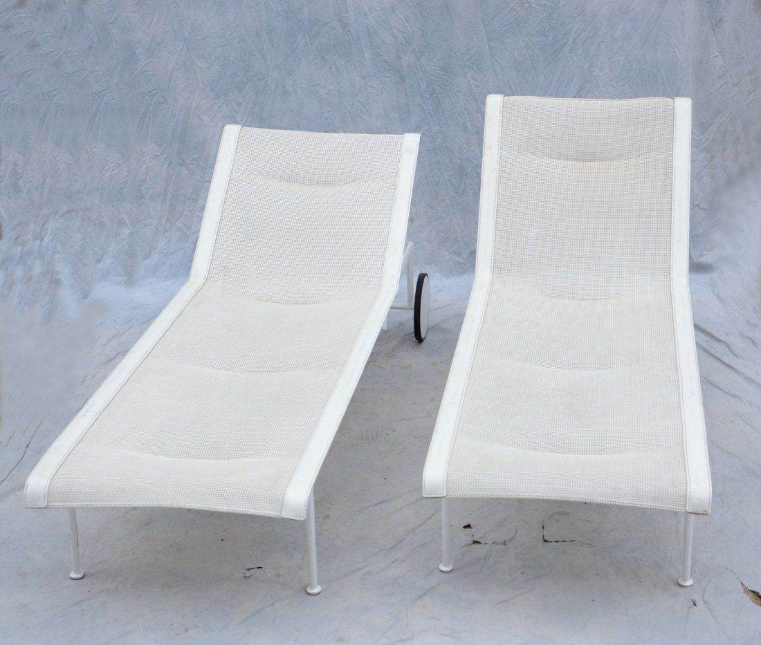 Pair Richard Schultz Outdoor Chaise Lounges for Knoll: Matching Pair White Richard Schultz Outdoor Chaise Lounges for Knoll, both with labels, Mid-Century Design, 74"L, 26 W, finish appears original