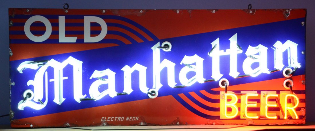 Large Old Manhattan Beer Sign, Enameled Metal & Neon,