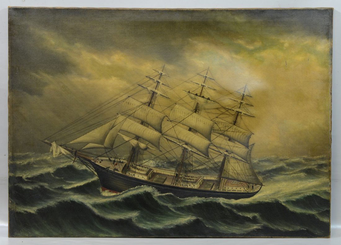 American School (19th/20th Century), oil on canvas,: American School (19th/20th Century), oil on canvas, Ship at Sea, 27-3/4" x 39" canvas, unframed, relined, losses, warping