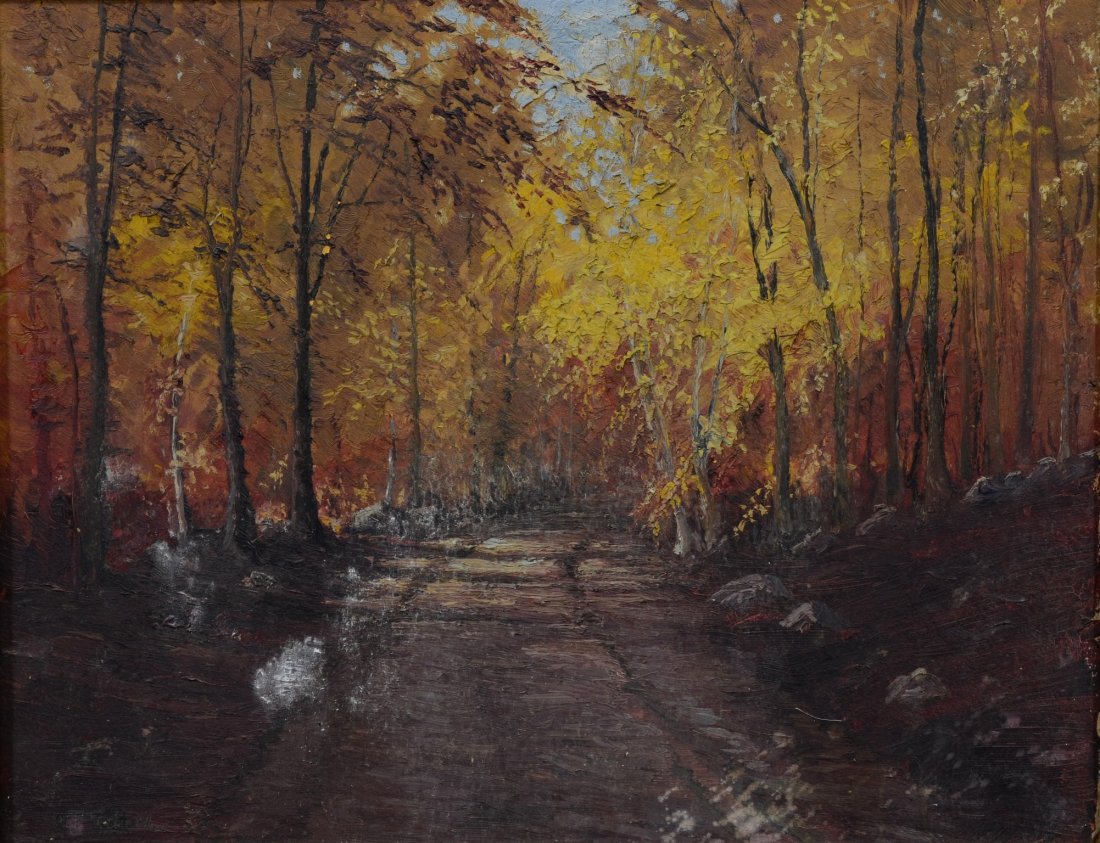 Warren Francis Snow (American, b 1869), oil on board,: Warren Francis Snow (American, b 1869), oil on board, Autumnal Landscape, signed lower left, 15-3/4" x 19-7/8" board, 18-3/4" x 23-1/4" overall, surface grime, mildew damage, losses