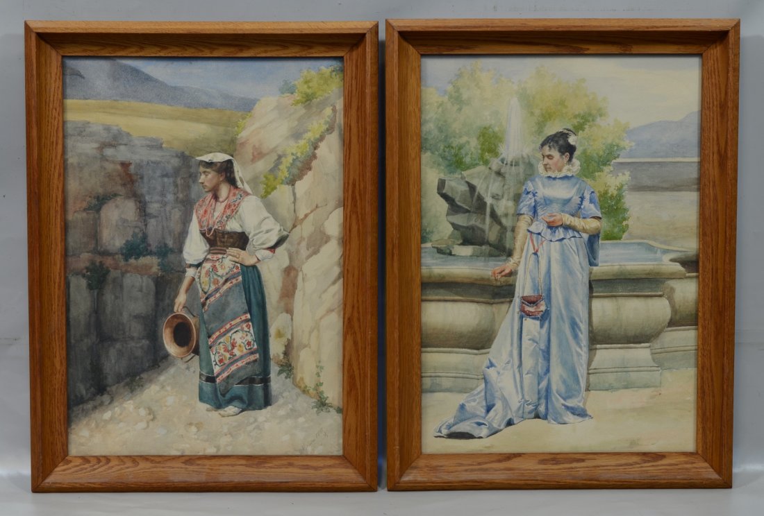 (2) Continental School (19th Century), watercolor,: (2) Continental School (19th Century), watercolor, Portraits of Women, one in formal dress the other in traditional costume, one signed indistinctly and dated 1881 lower right, 19-1/2" x 13-1/2" sight