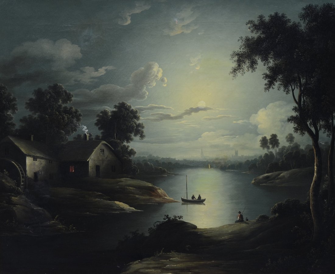 British School (19th Century), oil on canvas, Moonlit (1 of 3)