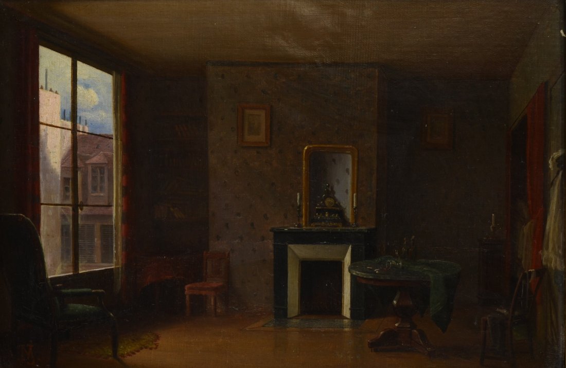 Morten Jepsen (Danish, 1826-1903), oil on wood panel,: Morten Jepsen (Danish, 1826-1903), oil on wood panel, Apartment Interior, Morning, monogrammed lower left, 9-7/8" x 14-5/8" sight, 12-3/4" x 17-1/2" overall, minor loss upper left
