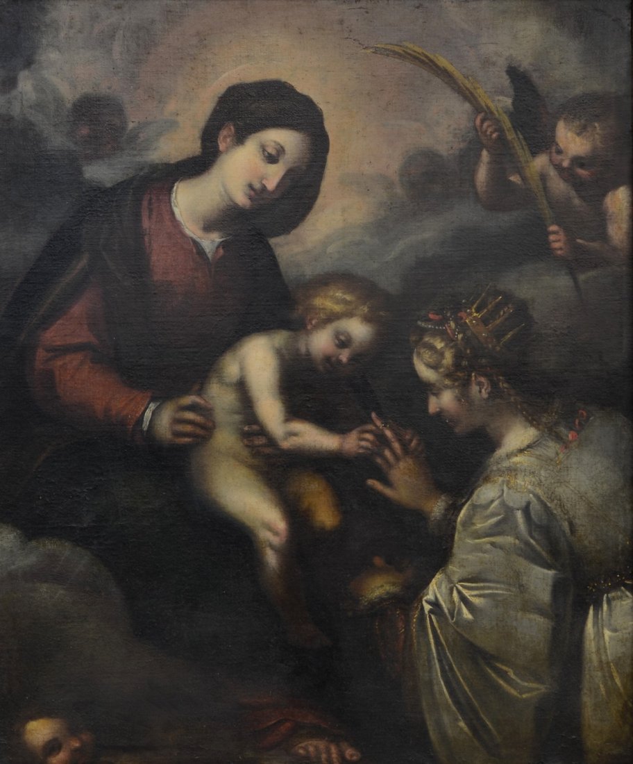 Continental School (19th Century), oil on canvas,: Continental School (19th Century), oil on canvas, Mystic Marriage of Saint Catherine, 51-1/2" x 43" canvas, 59" x 50-3/4" overall, relined, craquelure and surface accretions, gilt wood and gesso frame