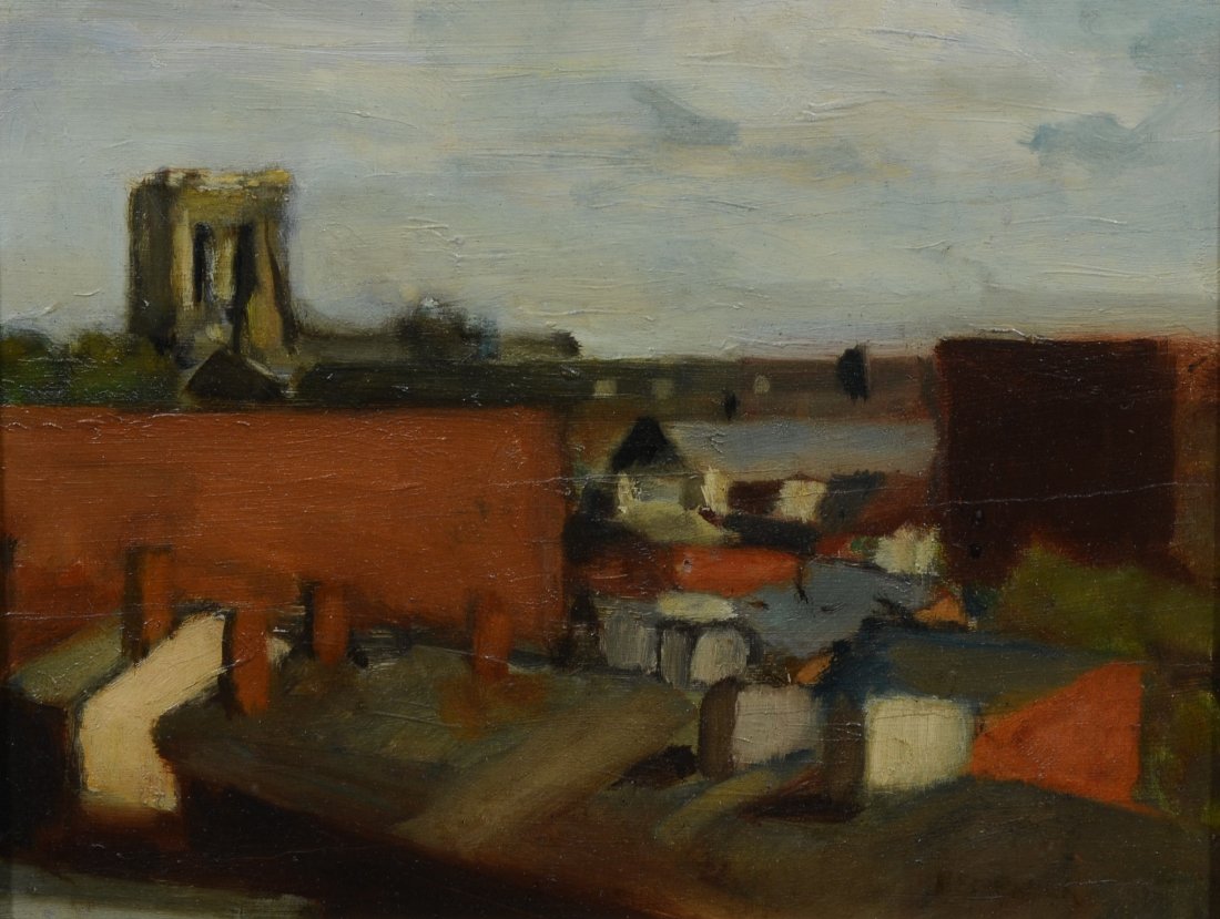 Seymour Remenick (American, PA, 1923-1999), oil on wood: Seymour Remenick (American, PA, 1923-1999), oil on wood panel, Roof Tops, Philadelphia, 8" x 10" panel, 14-3/4" x 17" overall, Davis Galleries (NY) label on verso