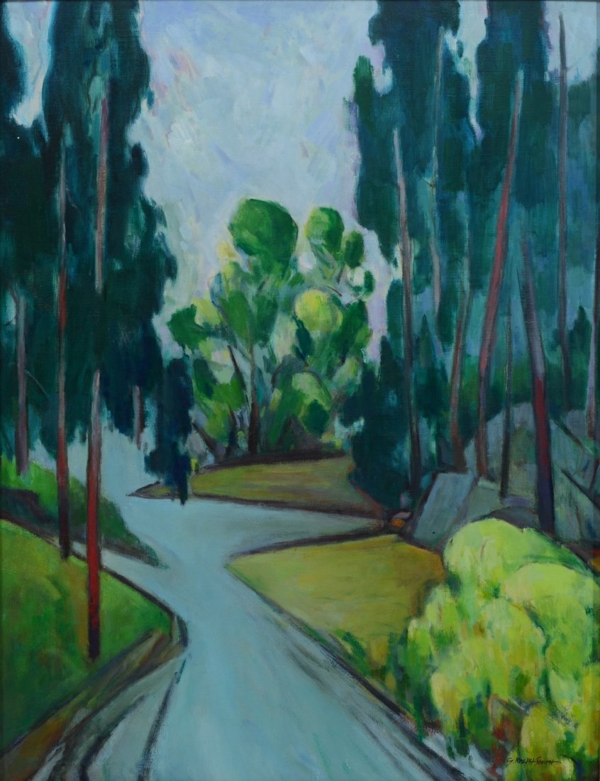 G Ralph Smith (American, PA, 1907-2007), oil on board,: G Ralph Smith (American, PA, 1907-2007), oil on board, Blue Stream, signed lower right, 1960s, 29" x 22-1/4" board, 32" x 25-1/2" overall