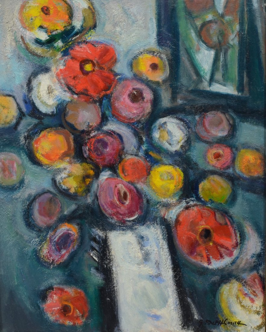 G Ralph Smith (American, PA, 1907-2007), oil on board,: G Ralph Smith (American, PA, 1907-2007), oil on board, White Vase with Flowers, signed lower right, 1960s, 20" x 16" board, 24-1/2" x 20-1/2" overall