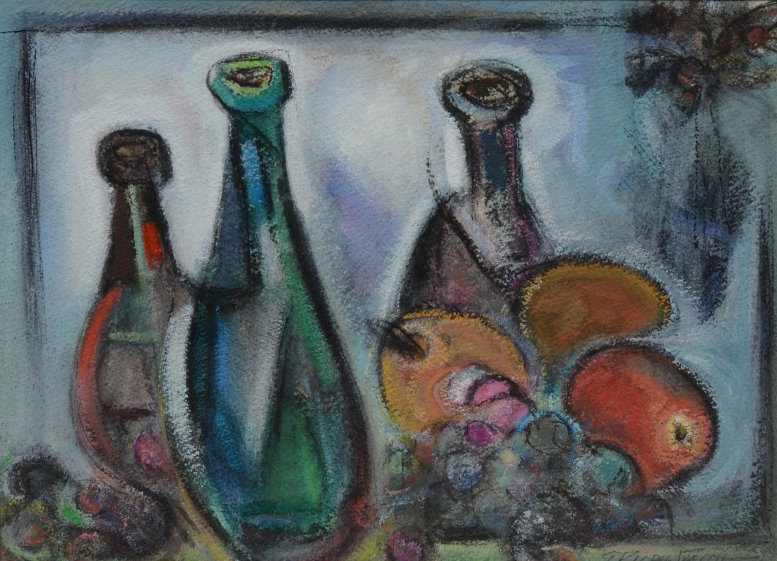 G Ralph Smith (American, PA, 1907-2007), pastel on: G Ralph Smith (American, PA, 1907-2007), pastel on paper, Still Life with Bottles and Fruit, signed lower right, 1970s, 10-3/4" x 14-1/2" sight, 18-1/2" x 22-1/2" overall