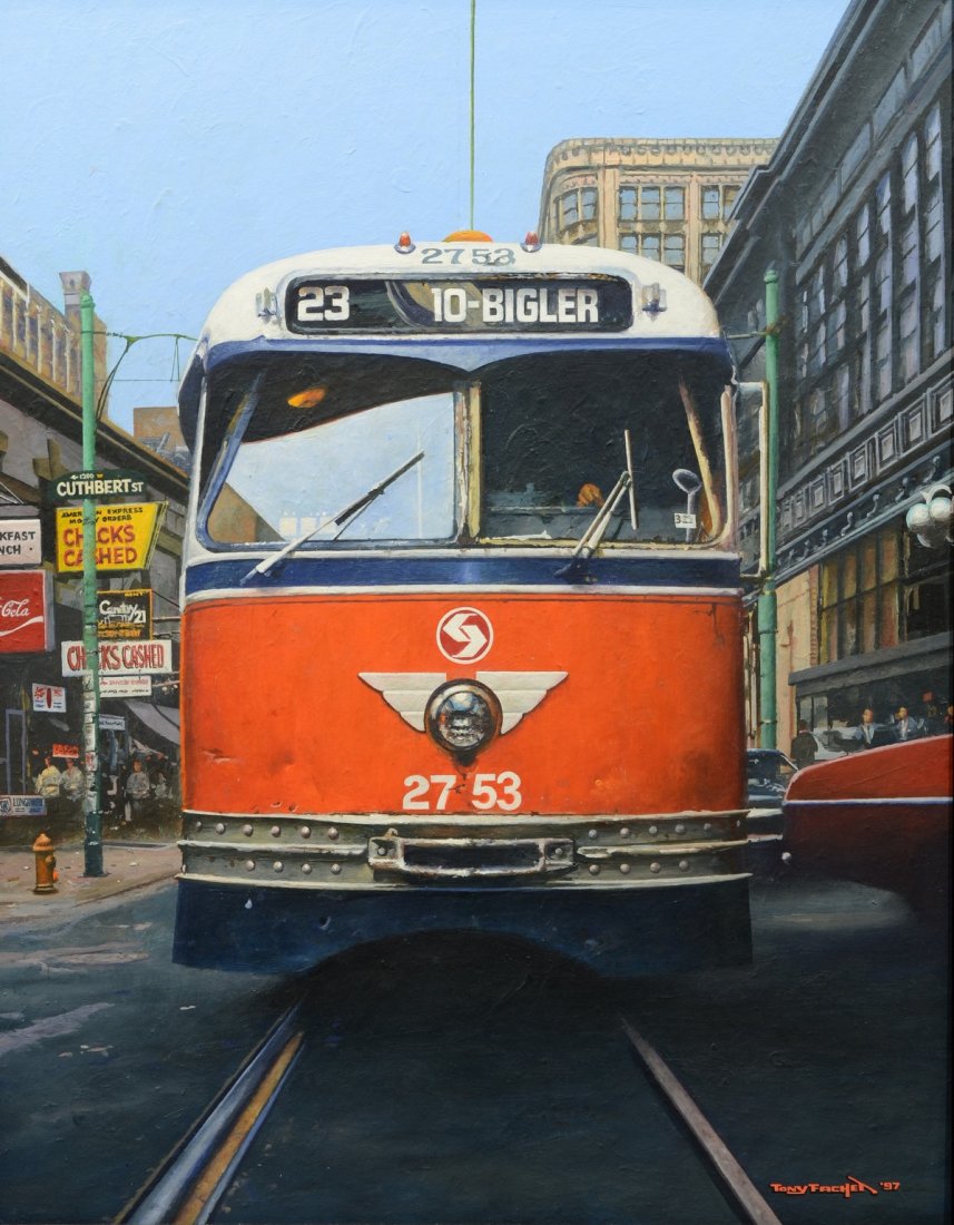 Tony Fachet (American, PA, 1945-1998), oil on canvas: Tony Fachet (American, PA, 1945-1998), oil on canvas board, Philadelphia Trolley, signed and dated '97 lower right, 28" x 22" board