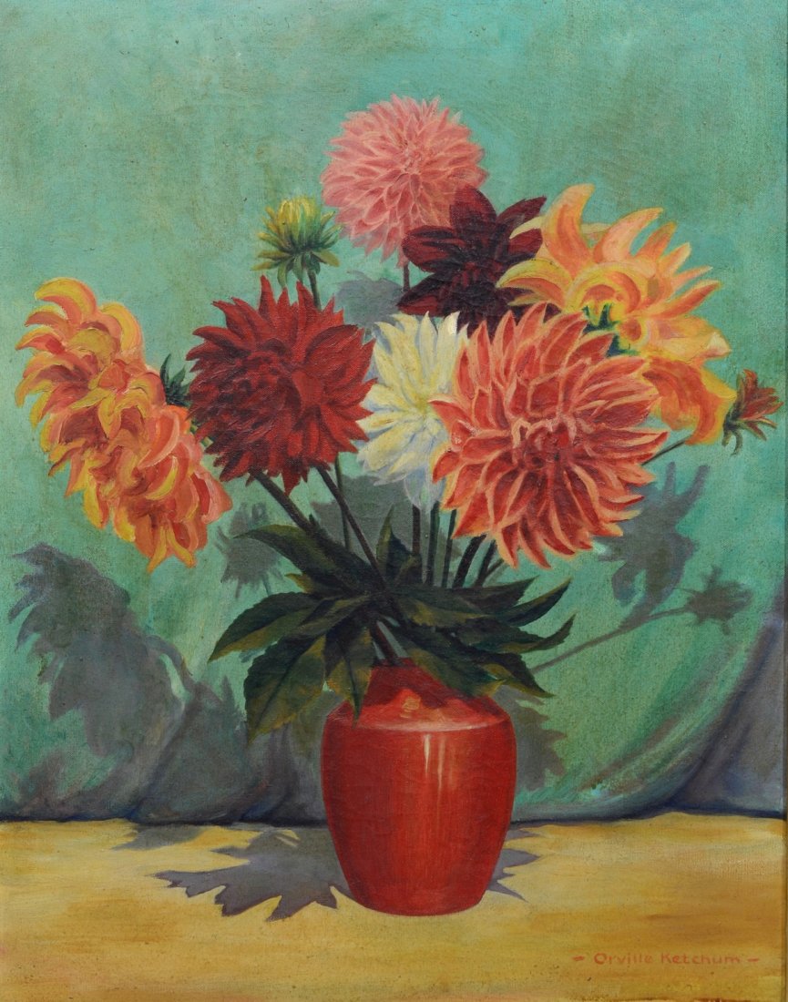 Orville Ketchum (American, 20th Century), oil on: Orville Ketchum (American, 20th Century), oil on canvas, Still Life with Flowers, 1935, signed lower right, 28" x 22" canvas, 31-1/4" x 26" overall, Newcomb Macklin style frame