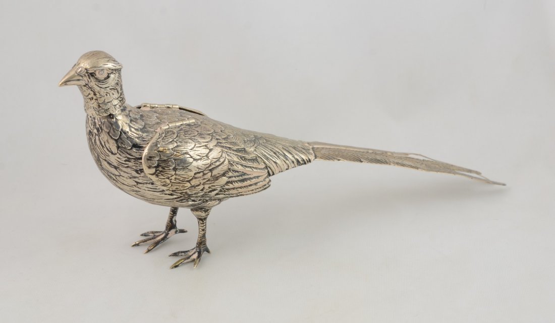 Continental silver pheasant bottle with hinged wings, (1 of 4)